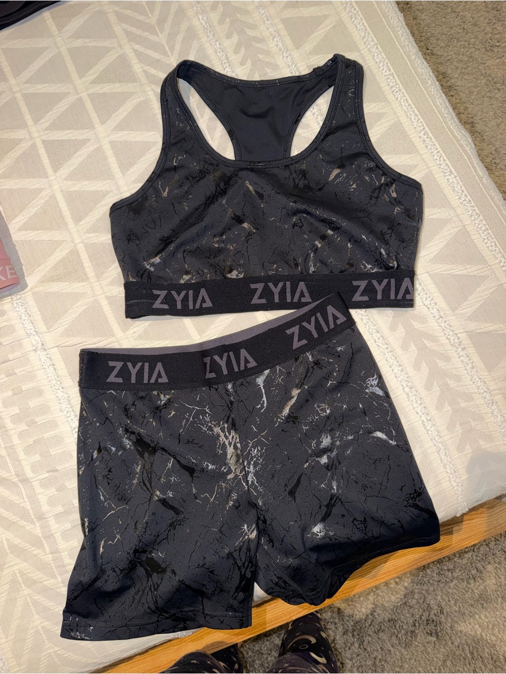 ZYIA Black Marble-Print Sports Bra & Matching Shorts Set- XL